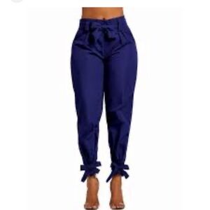 Navy Paper Bag‎ Pencil Bow Knot High Waist Ankle Bow-Toe Pants Size XL (529)